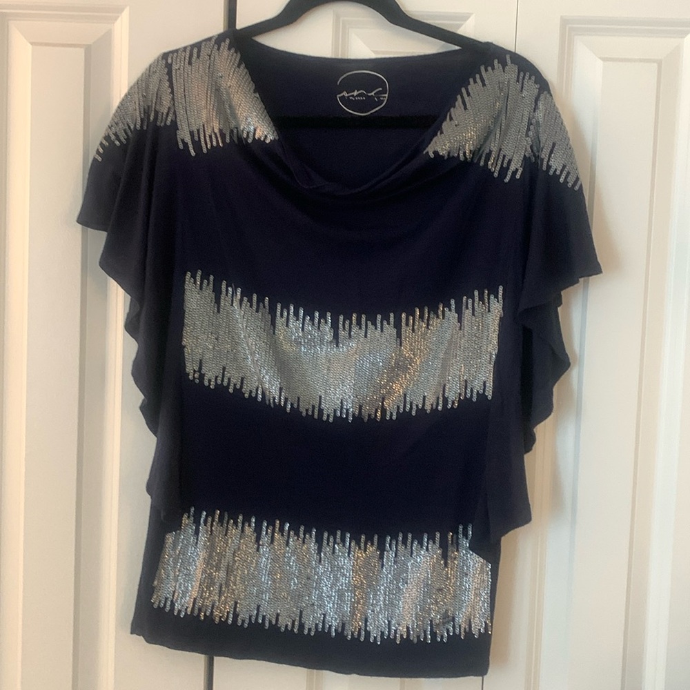 INC Navy Blue and sequin flutter short sleeve knit casual top